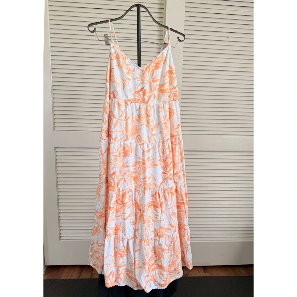 Abercrombie & Fitch Orange Tropical Leaf Tiered Maxi Dress Large Tie Back Cutout